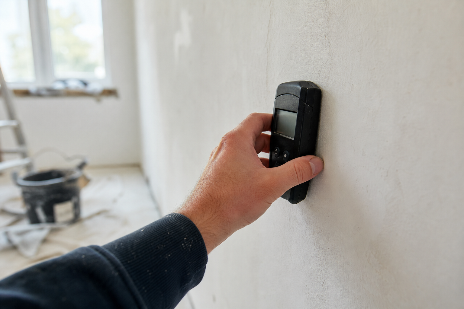 Hand die met een vochtmeter een binnenmuur meet